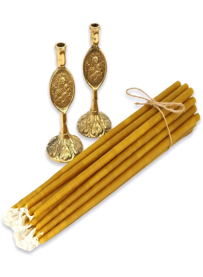 BlessedMart Set of 2 Theotokos Design Brass Candle Holders and 20 Pure Beeswax Church Candles, Orthodox Tapers, Home Altar - Image 1